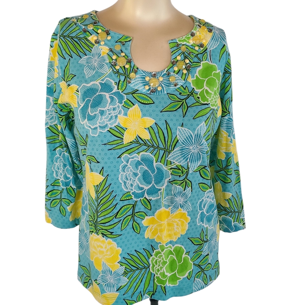 Ruby Rd. Tropical Floral Embellished Neck Top Blue Green Yellow Med